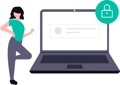 Desenho de uma mulher se apoiandoem um notbook com um cadeado fechado.